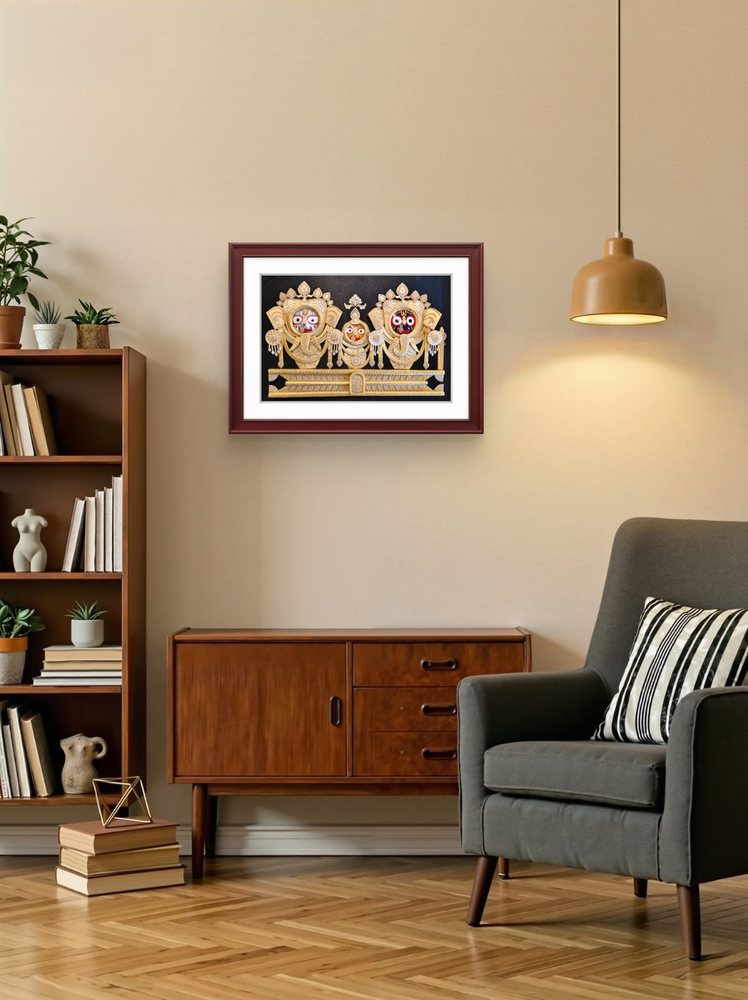 Handcrafted Jagannath trinity frame on a living room wall